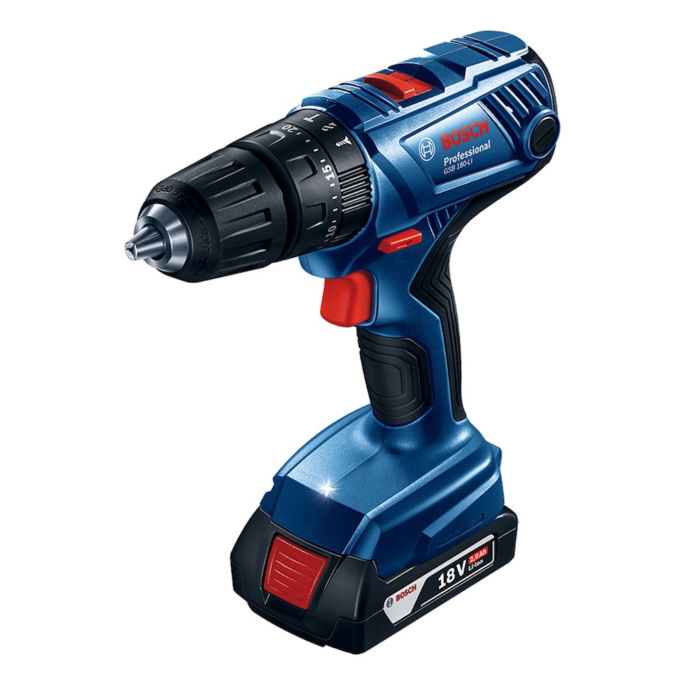 PARAFUSADEIRA/FURADEIRA DE IMPACTO 1/2" A BATERIA 18V BOSCH GSB180LI 06019F83E0 COM 2 BATERIA 2.0AH, CARREGADOR BIVOLT, MALETA