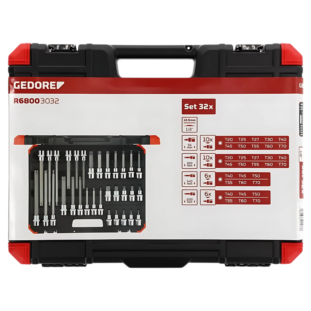 JOGO DE SOQUETES TORX T20 A T70 1/2" TX COM 32 PEÇAS 3301577 R68003032 GEDORE RED