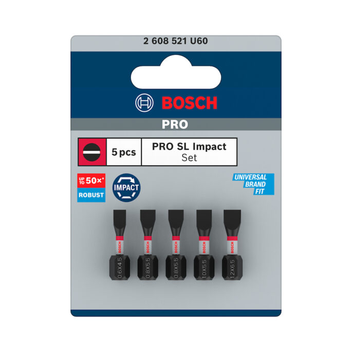 JOGO KIT PONTA BITS FENDA COM 5 PEÇAS (SL0.6x4.5 , SL0.8x5.5(2x) , SL1.0x5.5 , SL1.2x6.5) BOSCH PRO 2608521U60 SL IMPACT SET - Image 2