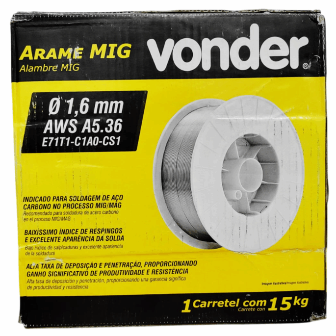 BOBINA DE ARAME SOLDA MIG AÇO VONDER 7490000160 E71T1-C1A0-CS1 AWS A5.36 15KG 1.6MM - Imagem 3