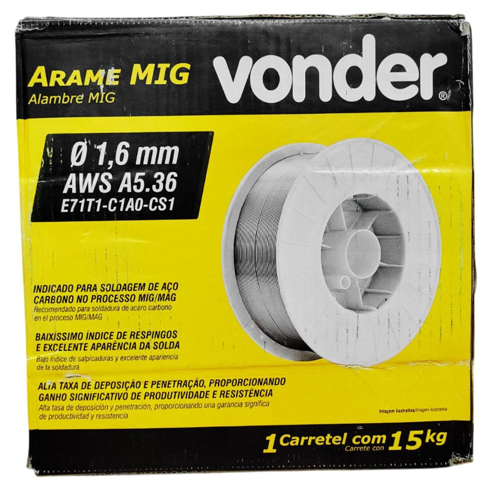 BOBINA DE ARAME SOLDA MIG AÇO VONDER 7490000160 E71T1-C1A0-CS1 AWS A5.36 15KG 1.6MM - Imagem 3