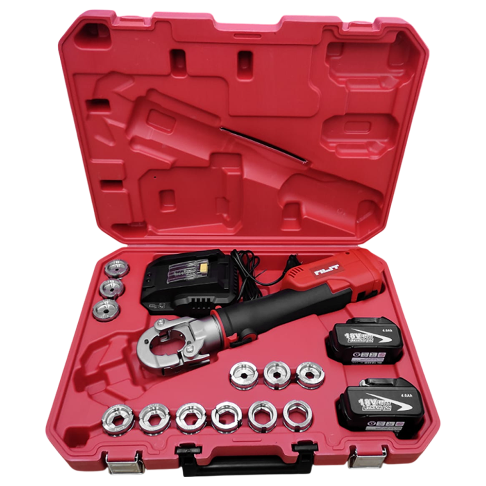 ALICATE CRIMPADOR A BATERIA 18V RILIT EZ-300 60KN COBRE 300MM ALUMÍNIO 240MM COM 2 BATERIA 4AH, CARREGADOR BIVOLT, 12 MATRIZES HEXAGONAL E MALETA - Imagem 2