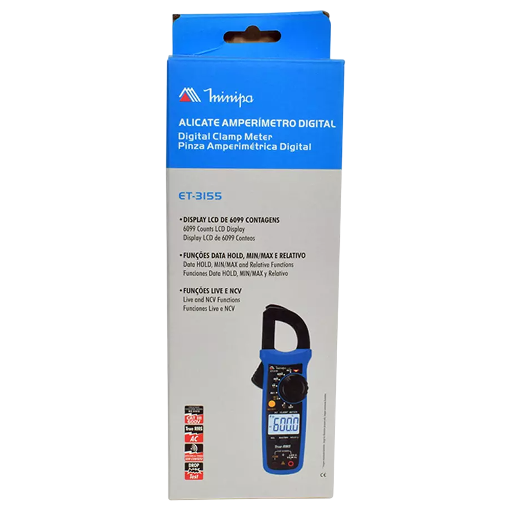 ALICATE AMPERIMETRO DIGITAL 600A CAT III 600V TRUE RMS MINIPA ET-3155 - Imagem 2