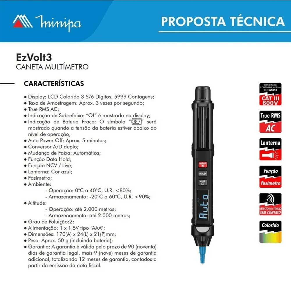 CANETA MULTIMETRO DIGITAL TIPO CANETA INTELIGENTE CAT III 600V MINIPA EZVOLT3 - Imagem 3