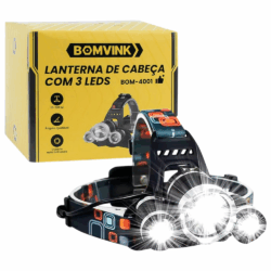 LANTERNA DE CABECA COM 3 LEDS RECARREGAVEL 500LM BOMVINK BOM-4001