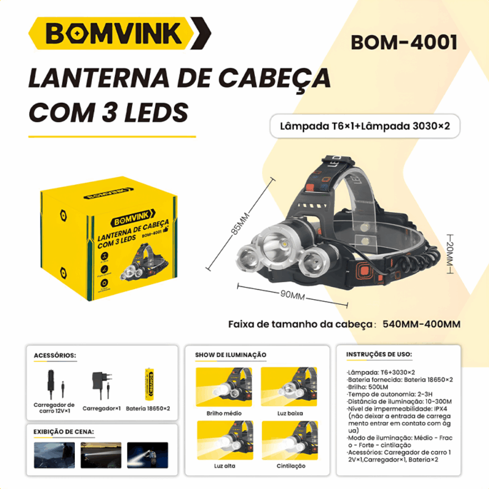 LANTERNA DE CABECA 3 LEDS 500LM BOMVINK BOM-4001