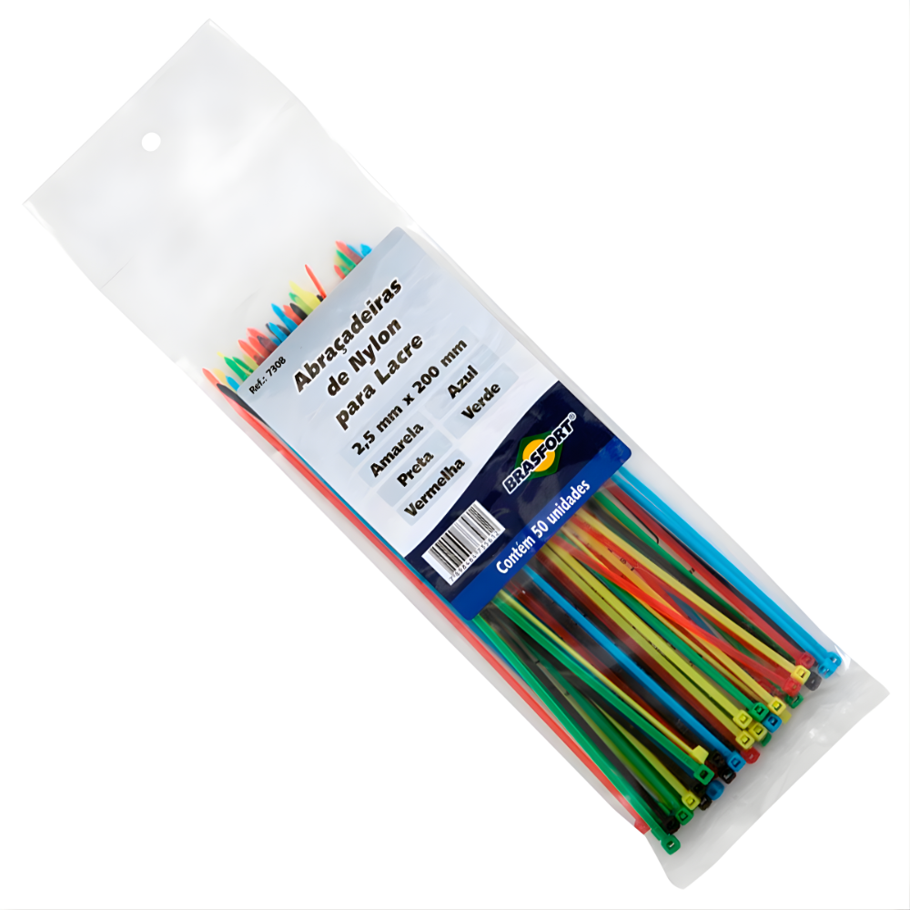 ABRAÇADEIRA DE NYLON COLOR MIX 200MMX2.5MM COM 50 UNIDADE BRASFORT 7308