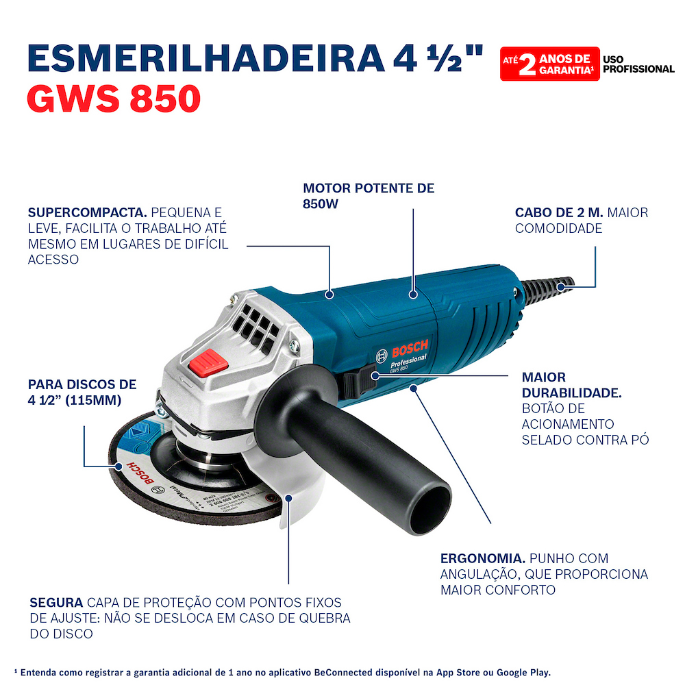 COMBO KIT GSB13RE FURADEIRA DE IMPACTO 1/2 750W + GWS850 ESMERILHADEIRA ANGULAR 4.1/2"(115MM) 850W BOSCH 06012B75D0 110V - Imagem 5