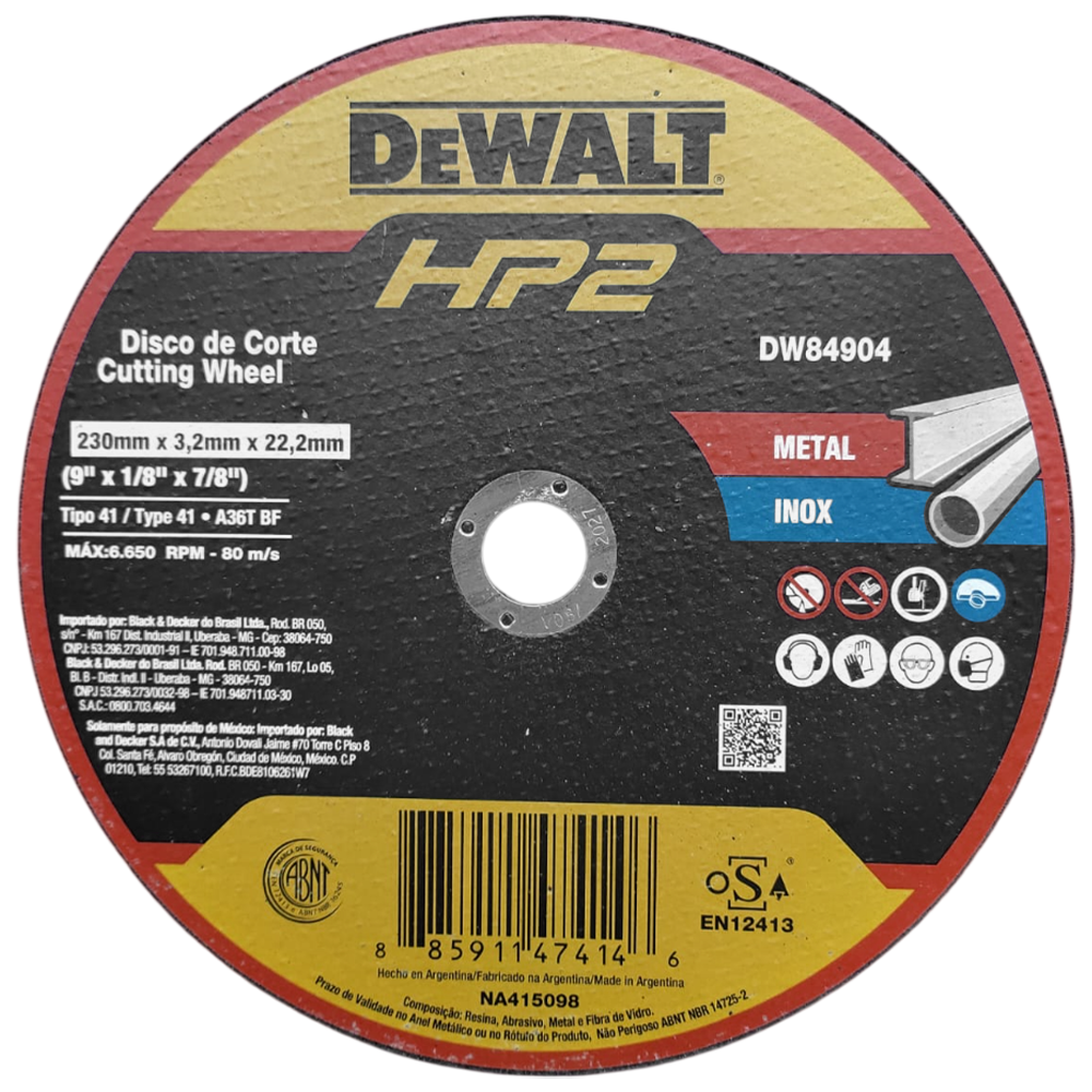 DISCO DE CORTE DEWALT DW84904 230X3.0X22.22 (9X1/8X7/8) INOX HP2