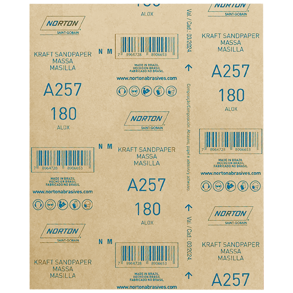 FOLHA DE LIXA MASSA/MADEIRA NORTON 5539503070 A257 GRÃO 180