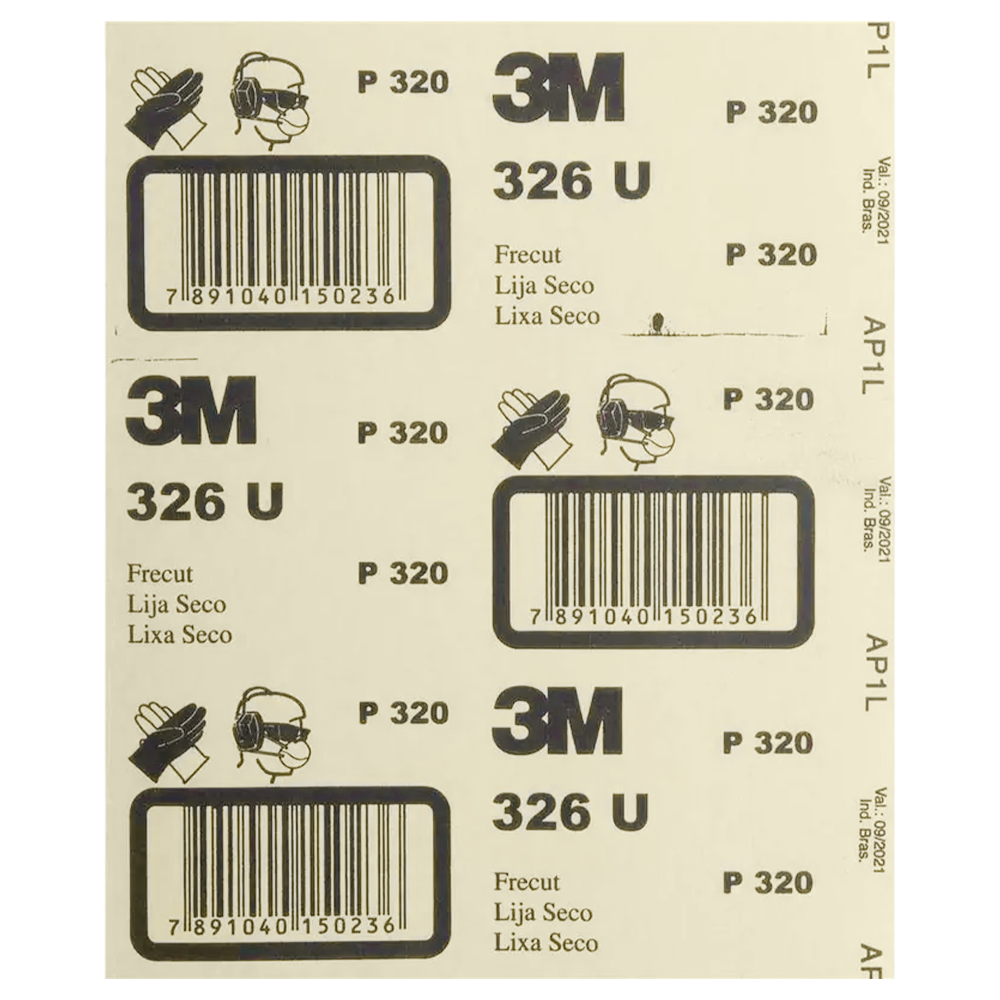 FOLHA DE LIXA OURO 3M HC000656963 GRÃO 320 326U ACABAMENTO AUTOMOTIVEL, MASSA PLASTICA, PRIMERS, POLIESTER 1279326320