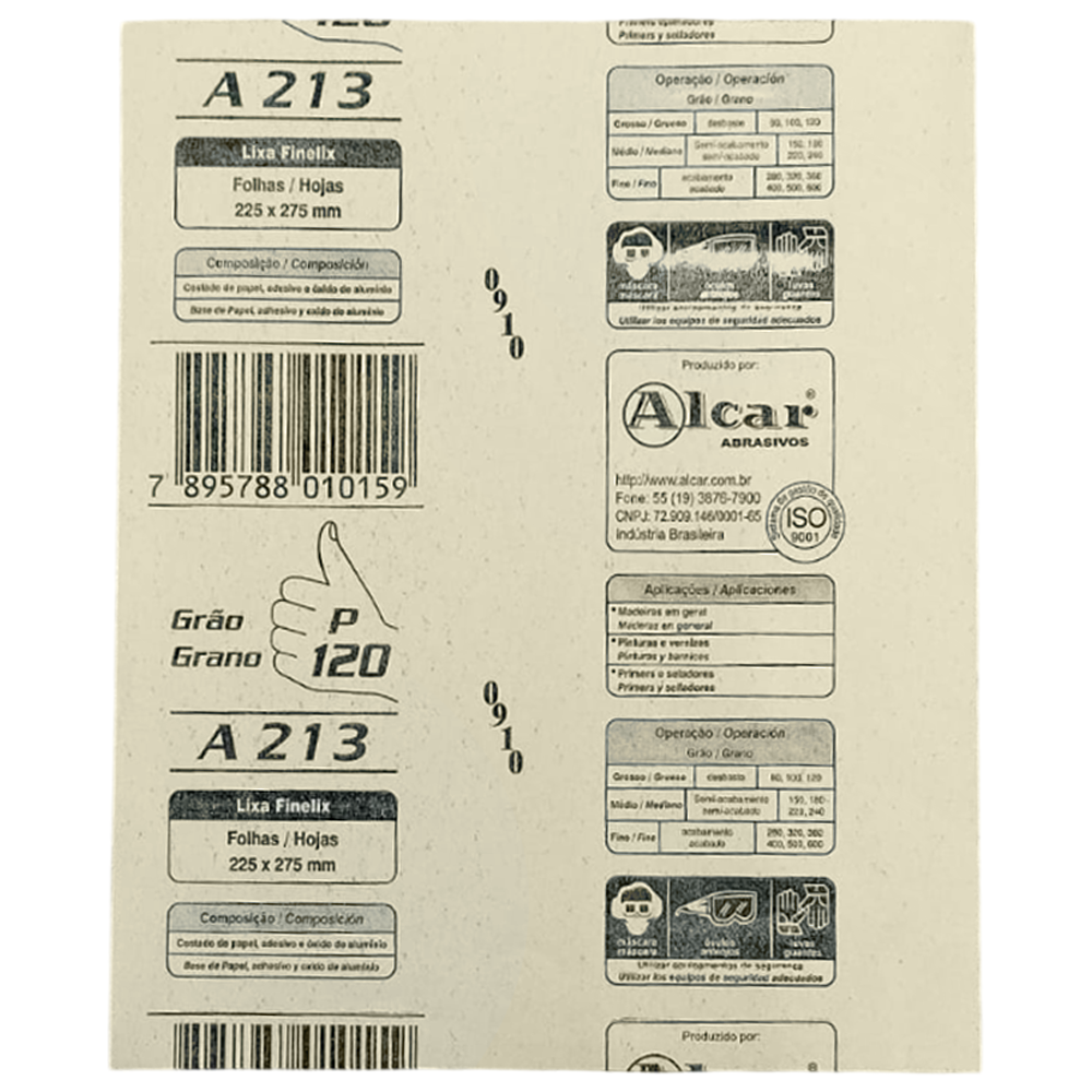 FOLHA DE LIXA  FINELIX ACABAMENTO EM PINTURA ALCAR 01-055-01120 A213 GRÃO 120