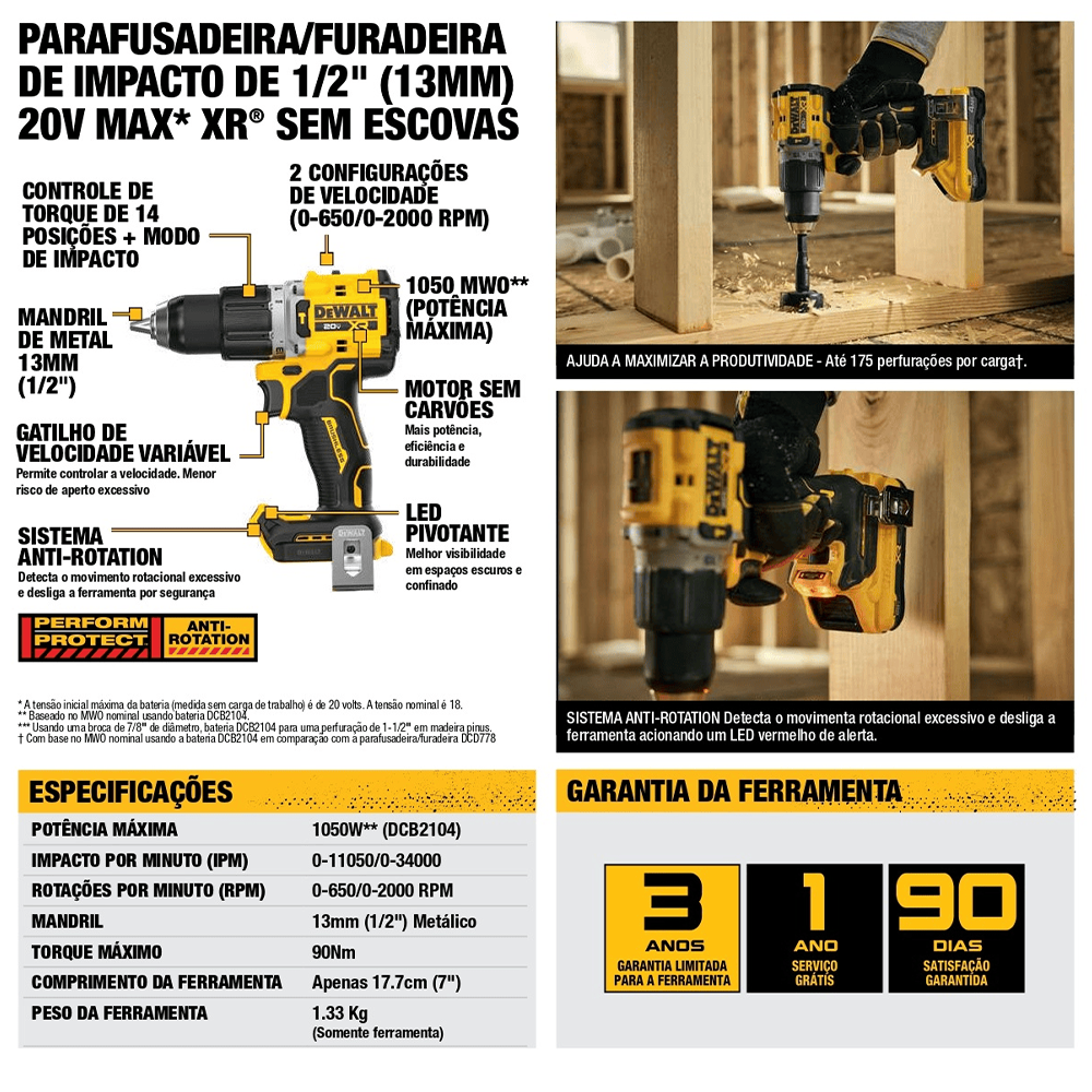 PARAFUSADEIRA/FURADEIRA DE IMPACTO 1/2" A BATERIA 20V BRUSHLESS E-CLUTH DEWALT DCD806D2BR - COM 2 BATERIA 2.0AH,CARREGADOR E BOLSA - Imagem 3
