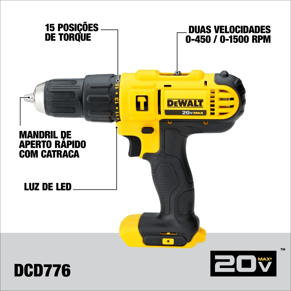 KIT COMBO PARAFUSADEIRA/FURADEIRA IMPACTO 1/2" DCD776 + PARAFUSADEIRA IMPACTO 1/4" DCF885 DEWALT DCK222D2T-BR - COM 2 BATERIA 2.0AH, CARREGADOR E MALETA - Imagem 2