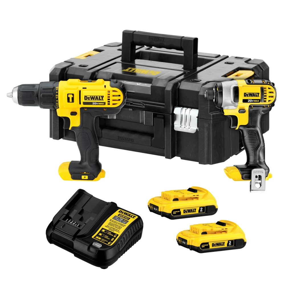 KIT COMBO PARAFUSADEIRA/FURADEIRA IMPACTO 1/2" DCD776 + PARAFUSADEIRA IMPACTO 1/4" DCF885 DEWALT DCK222D2T-BR - COM 2 BATERIA 2.0AH, CARREGADOR E MALETA