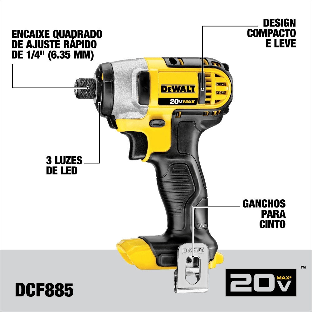 KIT COMBO PARAFUSADEIRA/FURADEIRA IMPACTO 1/2" DCD776 + PARAFUSADEIRA IMPACTO 1/4" DCF885 DEWALT DCK222D2T-BR - COM 2 BATERIA 2.0AH, CARREGADOR E MALETA - Imagem 3