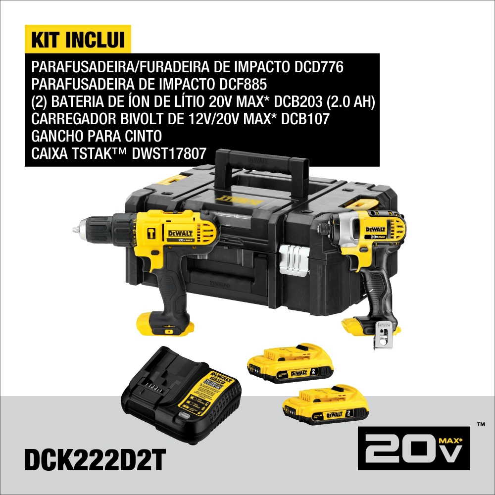KIT COMBO PARAFUSADEIRA/FURADEIRA IMPACTO 1/2" DCD776 + PARAFUSADEIRA IMPACTO 1/4" DCF885 DEWALT DCK222D2T-BR - COM 2 BATERIA 2.0AH, CARREGADOR E MALETA - Imagem 6
