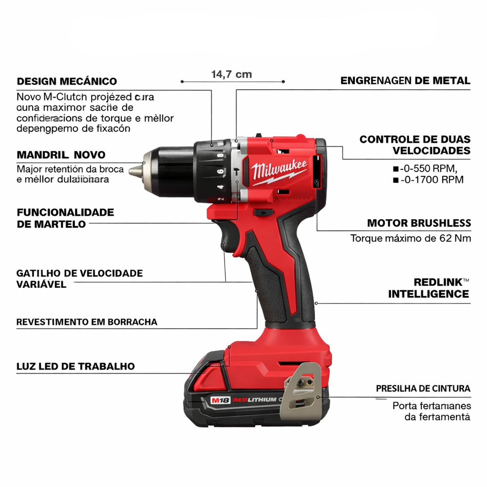 PARAFUSADEIRA/FURADEIRA DE IMPACTO 1/2" 18V M18 MILWAUKEE 3602-259CT - COM 02 BATERIA 2.0AH, 01 CARREGADOR BIVOLT E BOLSA - Imagem 2