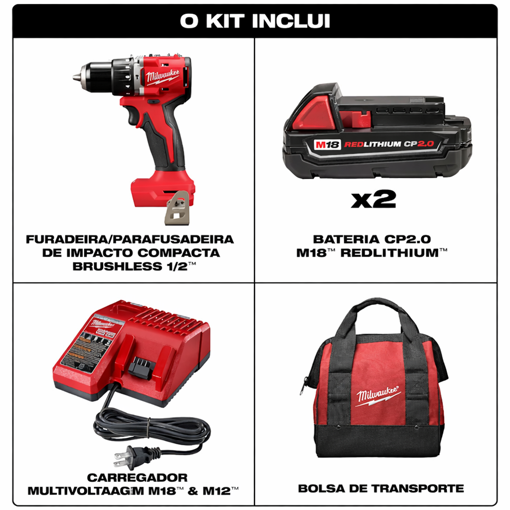 PARAFUSADEIRA/FURADEIRA DE IMPACTO 1/2" 18V M18 MILWAUKEE 3602-259CT - COM 02 BATERIA 2.0AH, 01 CARREGADOR BIVOLT E BOLSA - Imagem 3