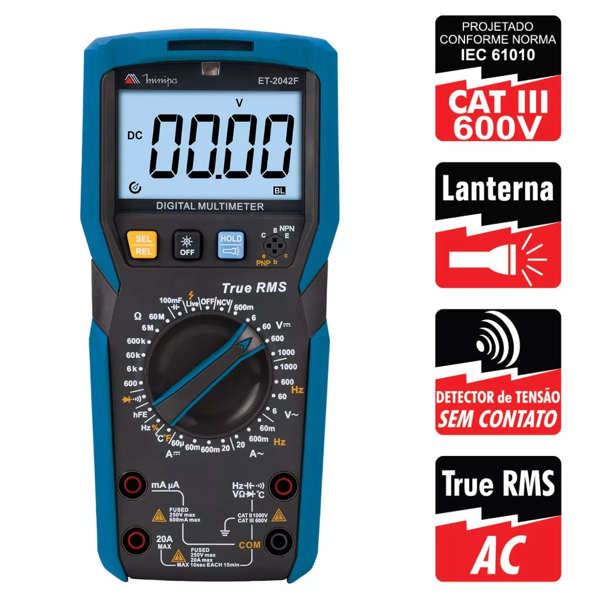 MULTIMETRO DIGITAL TRUE RMS CATIII 600V MINIPA ET-2042F - Imagem 3