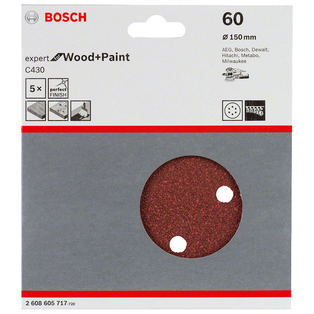 DISCO DE LIXA COM VELCRO 150MM C430 COM 5 UNIDADES BOSCH 2608605717 G60