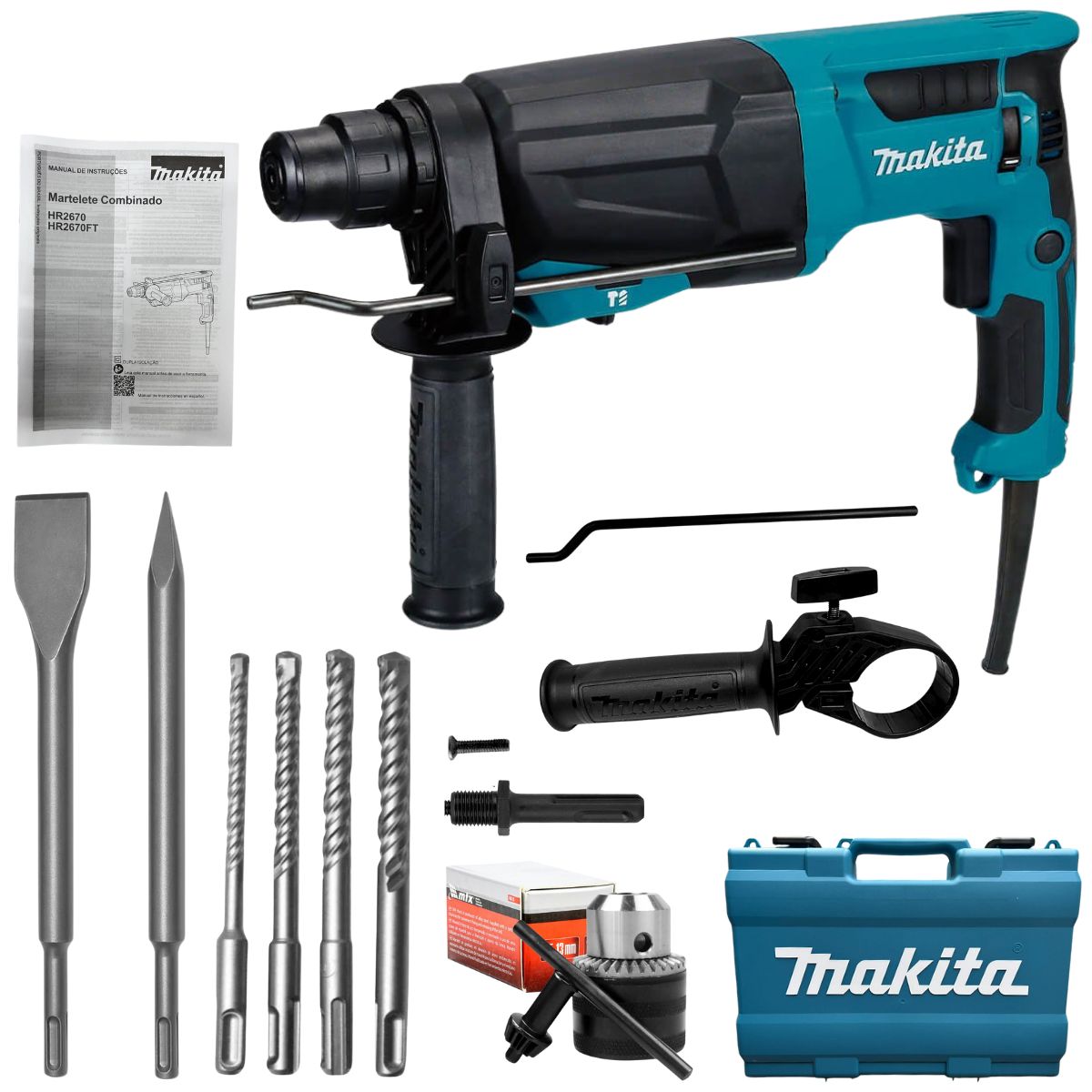 KIT HR2670 MARTELETE COMBINADO SDS-PLUS 800W 3.0J MAKITA 220V COM ACESSÓRIOS
