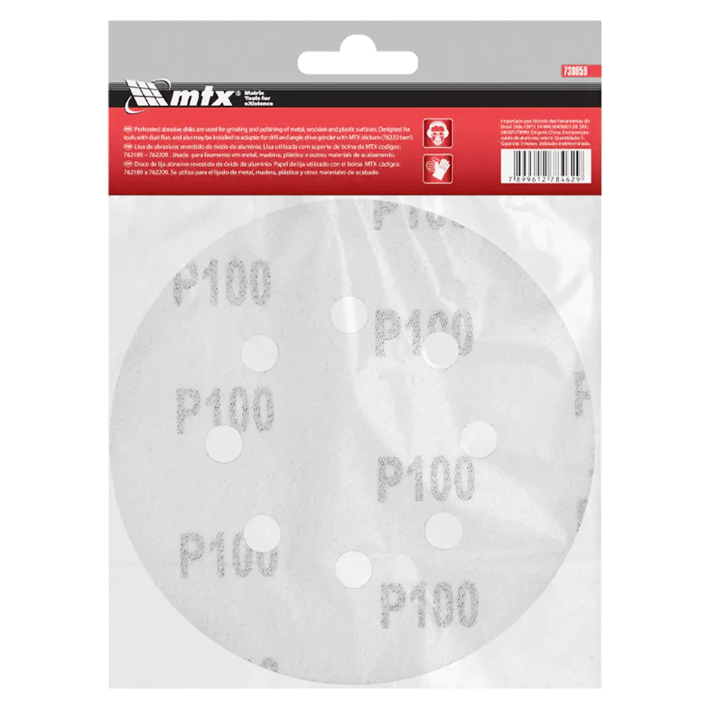DISCO DE LIXA COM VELCRO 125MM (5") ROQUITE MTX 738059 G100 - COM FURO
