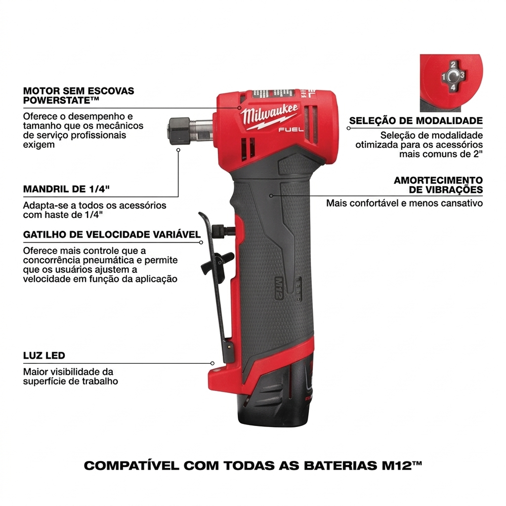 RETIFICA ANGULAR 1/4" A BATERIA 12V M12 FUEL MILWAUKEE 3485-159N - COM 01 BATERIA 2.0AH, CARREGADOR BIVOLT E BOLSA - Imagem 4