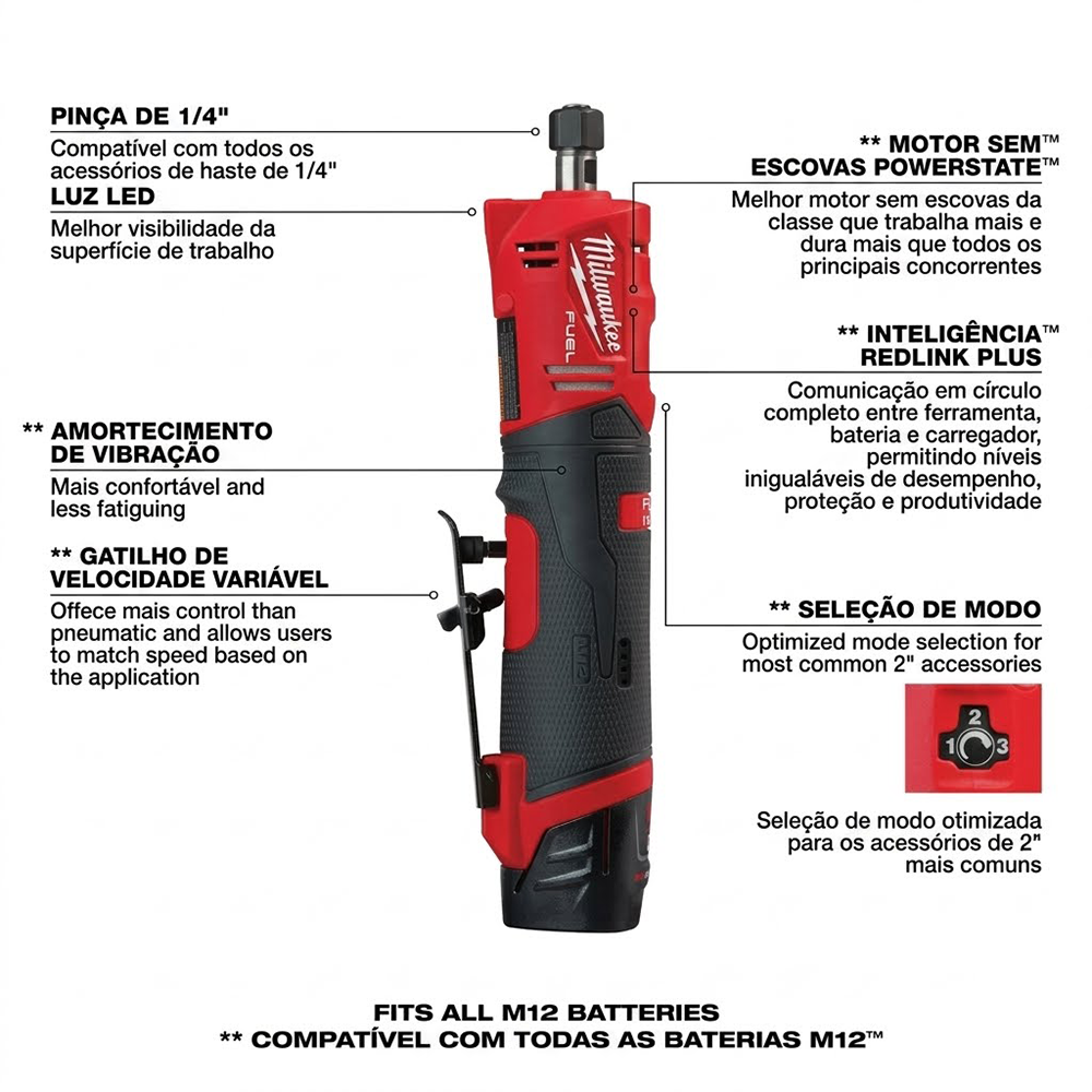 RETIFICA RETA 1/4" A BATERIA 12V M12 FUEL MILWAUKEE 2486-159N - COM 01 BATERIA 2.0AH, CARREGADOR BIVOLT E BOLSA - Imagem 2