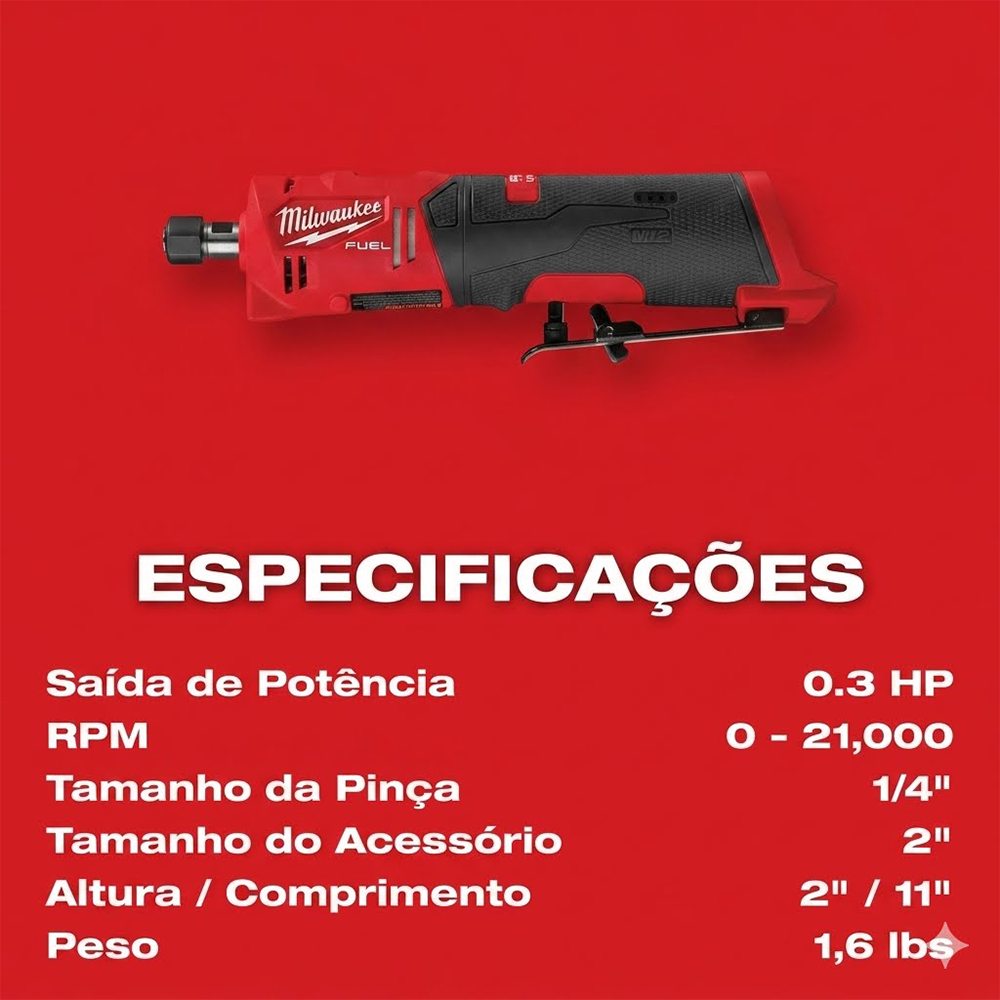 RETIFICA RETA 1/4" A BATERIA 12V M12 FUEL MILWAUKEE 2486-159N - COM 01 BATERIA 2.0AH, CARREGADOR BIVOLT E BOLSA - Imagem 4