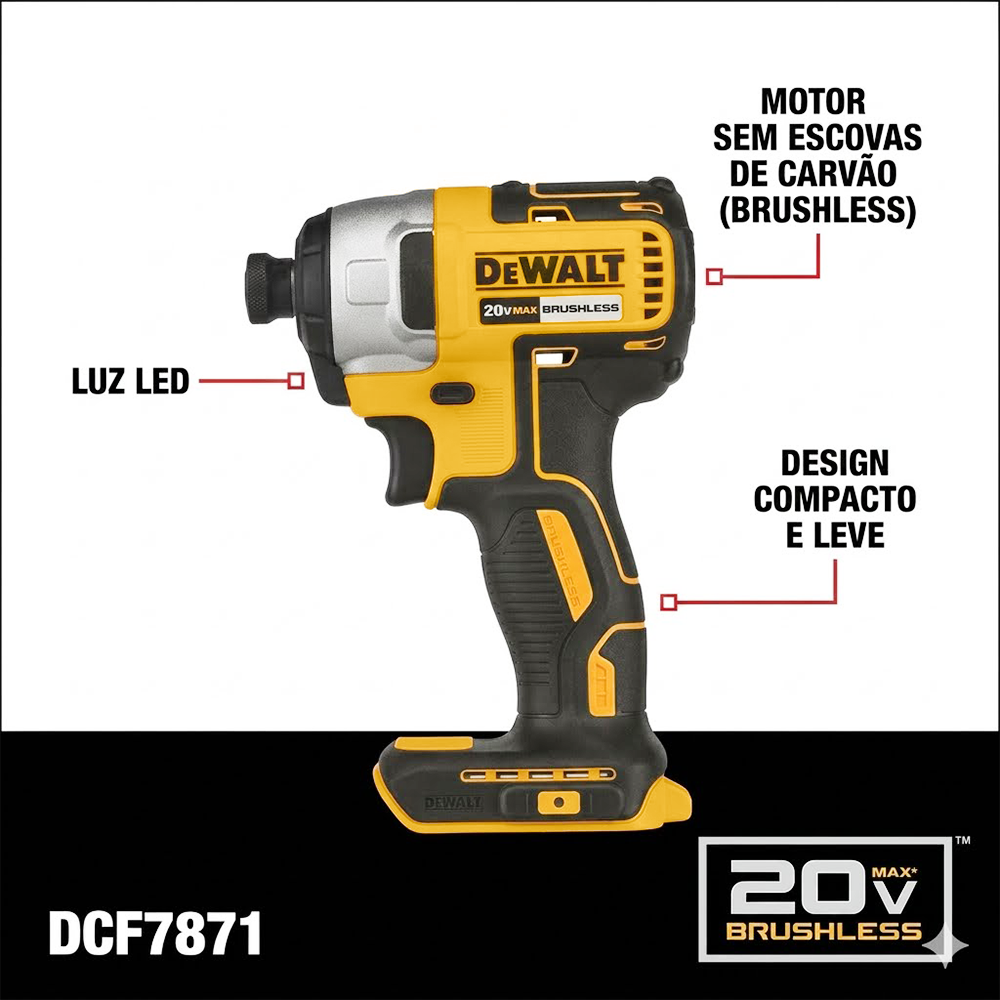COMBO KIT MARTELETE SDS-PLUS DCH133 + PARAFUSADEIRA DE IMPACTO 1/4" DCF7871 A BATERIA 20V + MALETETA TSTAK DEWALT DCK260D1P1TBR - Imagem 3
