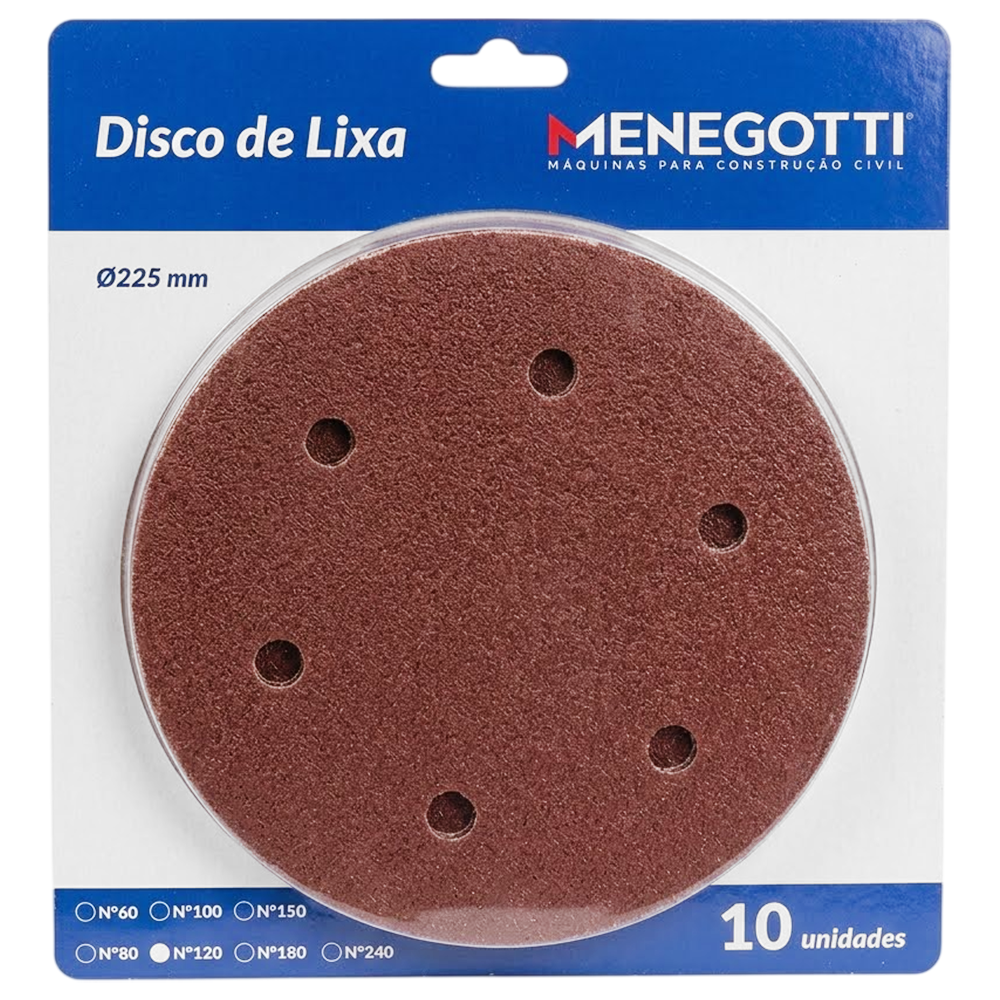 DISCO DE LIXA COM VELCRO 225MM COM 10 UNIDADE GRÃO 120 MENEGOTTI 29113785 PARA LIXADEIRA MLP710H/MLP750 LED