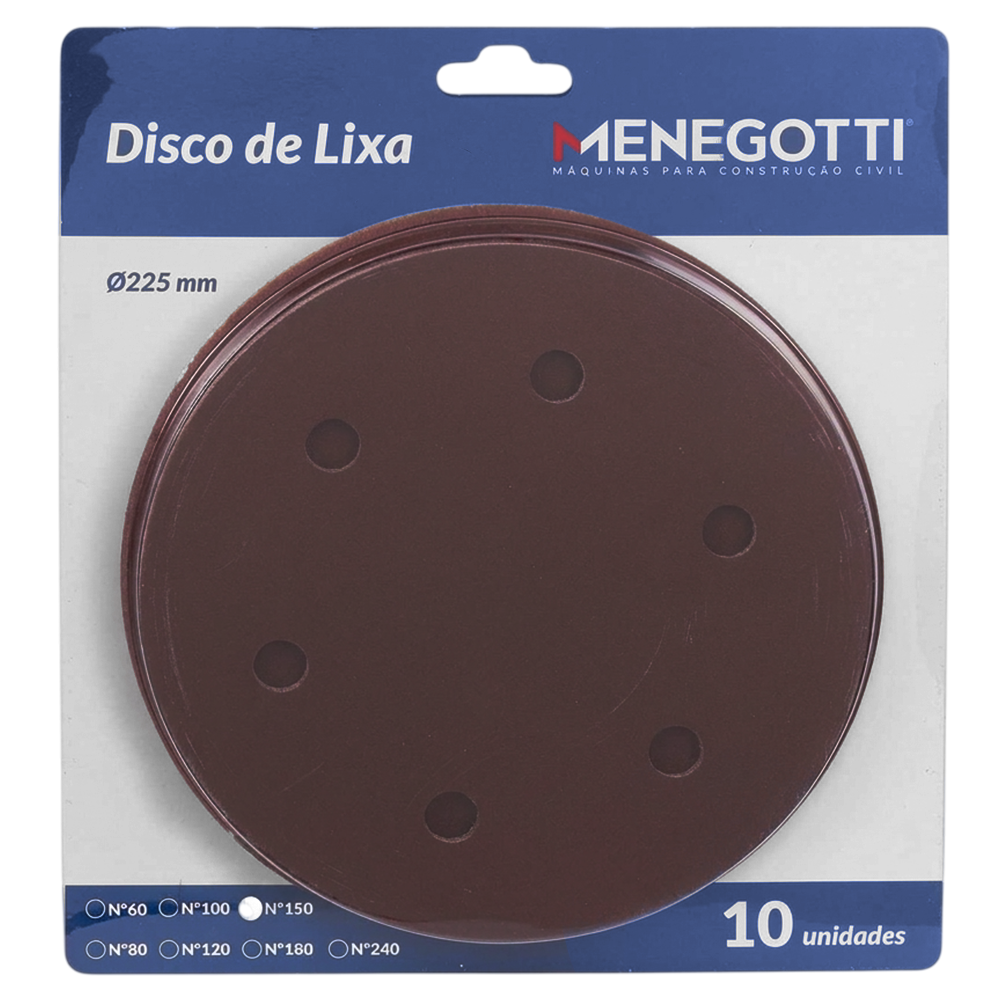 DISCO DE LIXA COM VELCRO 225MM COM 10 UNIDADE GRÃO 150 MENEGOTTI 29113786 PARA LIXADEIRA MLP710H/MLP750 LED