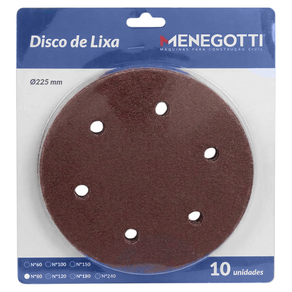 DISCO DE LIXA COM VELCRO 225MM COM 10 UNIDADE GRÃO 80 MENEGOTTI 29113783 PARA LIXADEIRA MLP710H/MLP750 LED