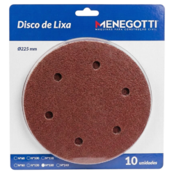DISCO DE LIXA COM VELCRO 225MM COM 10 UNIDADE GRÃO 180 MENEGOTTI 29113787 PARA LIXADEIRA MLP710H/MLP750 LED