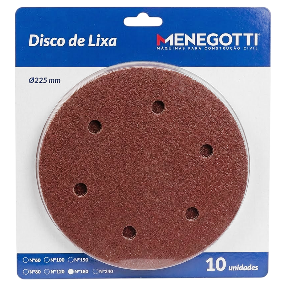 DISCO DE LIXA COM VELCRO 225MM COM 10 UNIDADE GRÃO 180 MENEGOTTI 29113787 PARA LIXADEIRA MLP710H/MLP750 LED