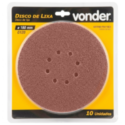 DISCO DE LIXA COM VELCRO 180MM COM 10 UNIDADES GRÃO 120 VONDER 12.58.180.120