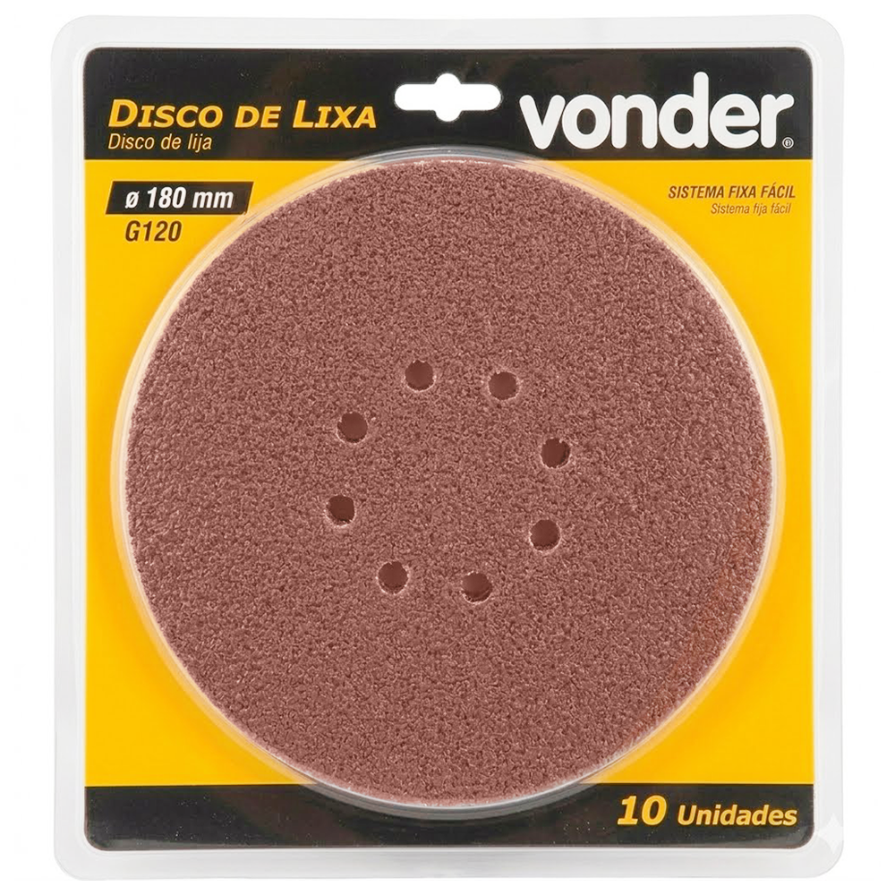 DISCO DE LIXA COM VELCRO 180MM COM 10 UNIDADES GRÃO 120 VONDER 12.58.180.120