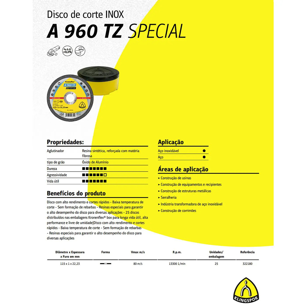 DISCO DE CORTE KLINGSPOR 322180 115X1X22.23 (4.1/2X3/64X7/8) A960TZ - Imagem 2