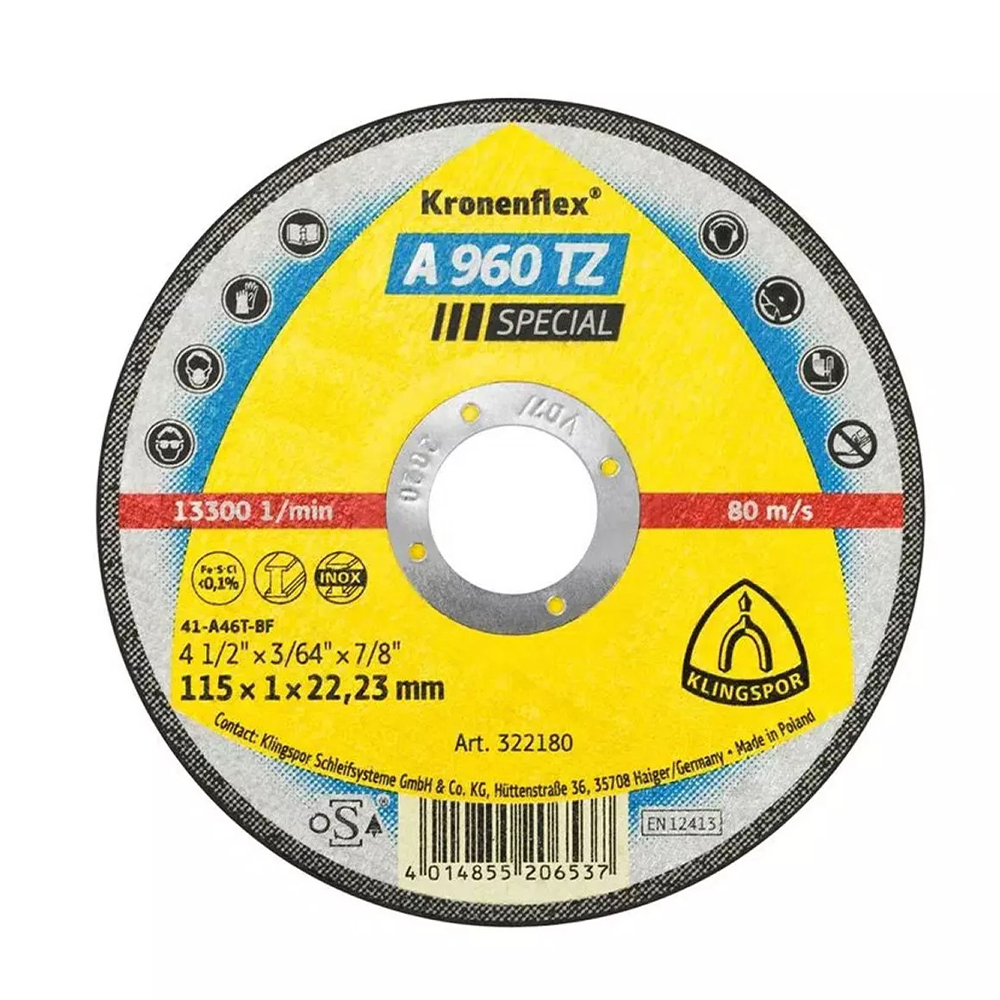 DISCO DE CORTE KLINGSPOR 322180 115X1X22.23 (4.1/2X3/64X7/8) A960TZ