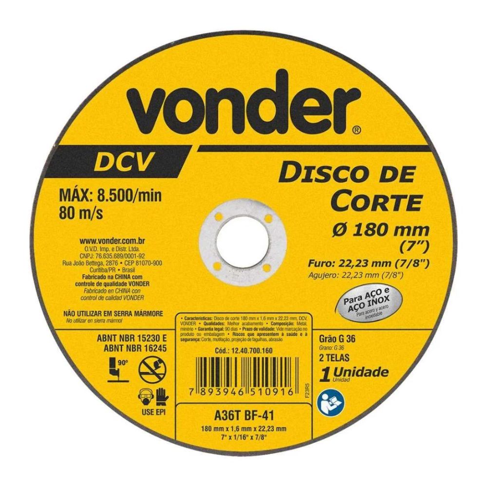 DISCO DE CORTE VONDER 1240700160 180X1.6X22.23 (7X1/16X7/8) DCV