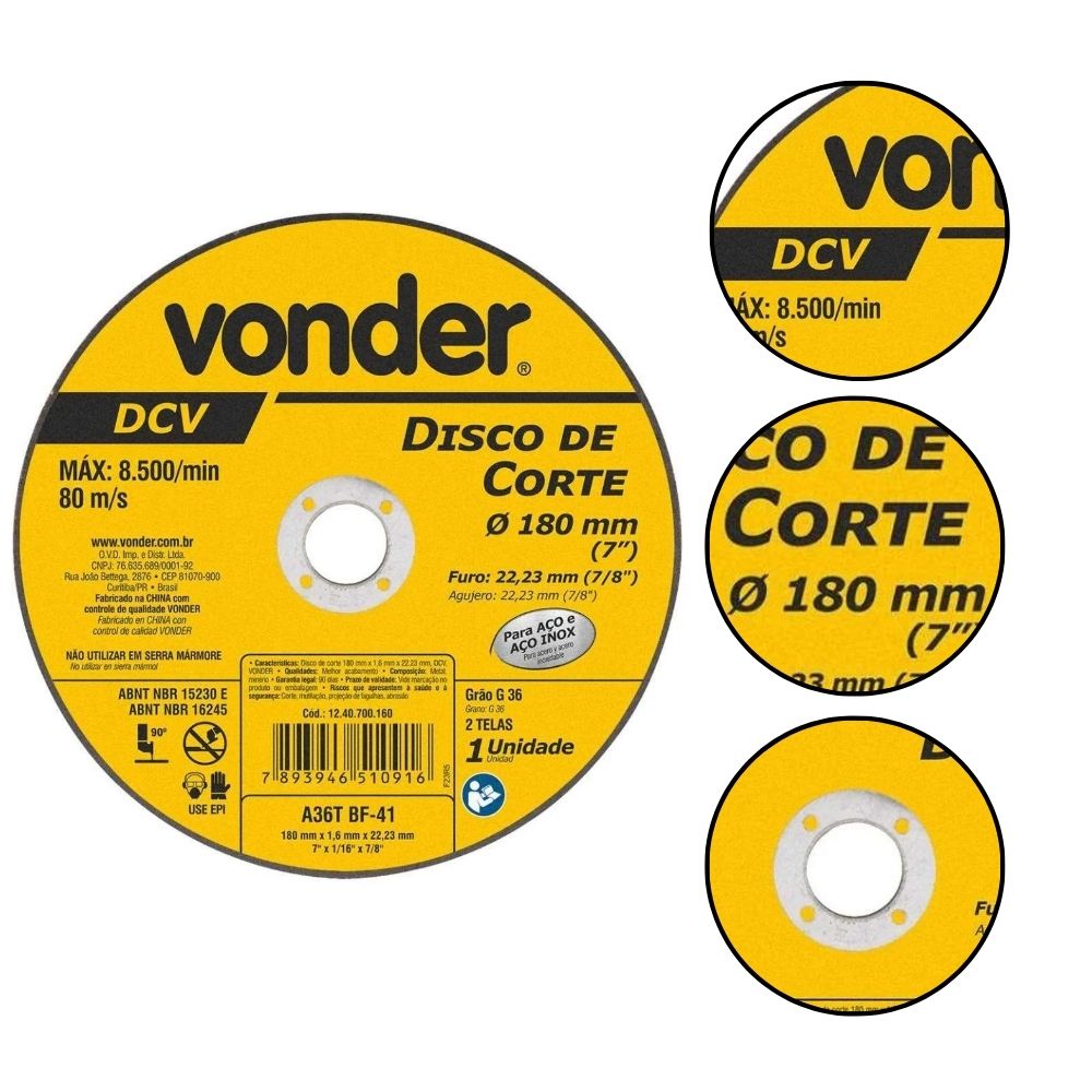 DISCO DE CORTE VONDER 1240700160 180X1.6X22.23 (7X1/16X7/8) DCV - Imagem 2