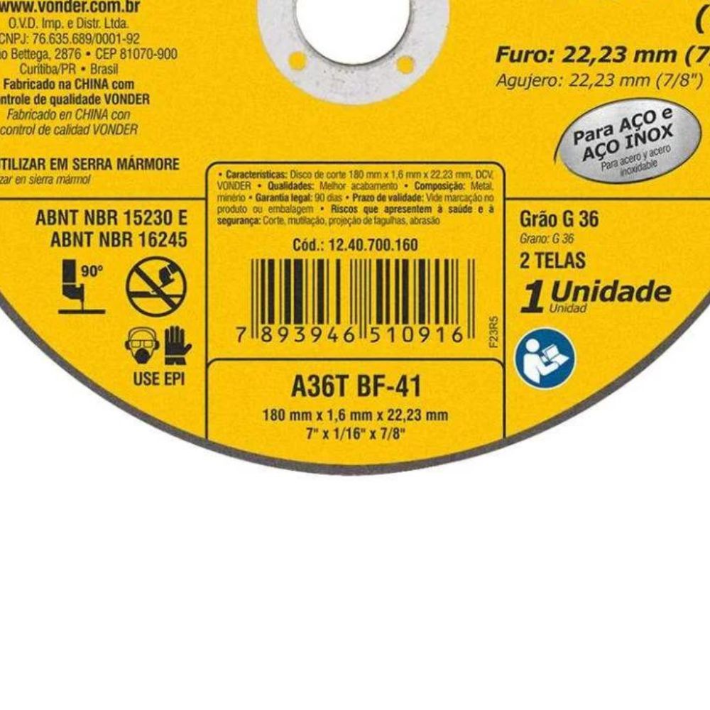 DISCO DE CORTE VONDER 1240700160 180X1.6X22.23 (7X1/16X7/8) DCV - Imagem 4