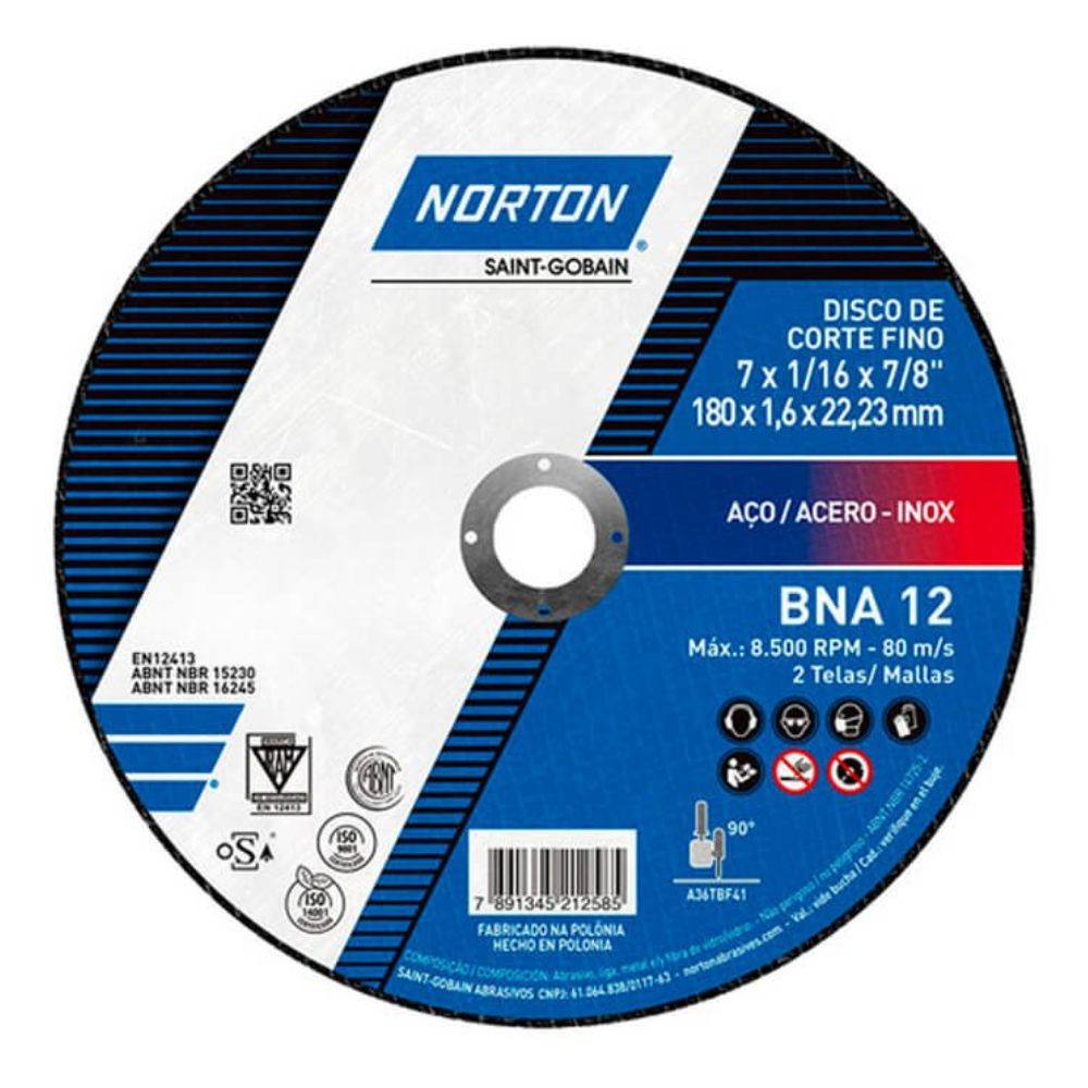 DISCO DE CORTE NORTON 66252846559 180X1.6X22.22 (7X1/16X7/8) AZUL BNA12