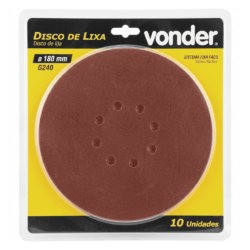 DISCO DE LIXA COM VELCRO 180MM COM 10 UNIDADES GRÃO 240 VONDER 12.58.180.240