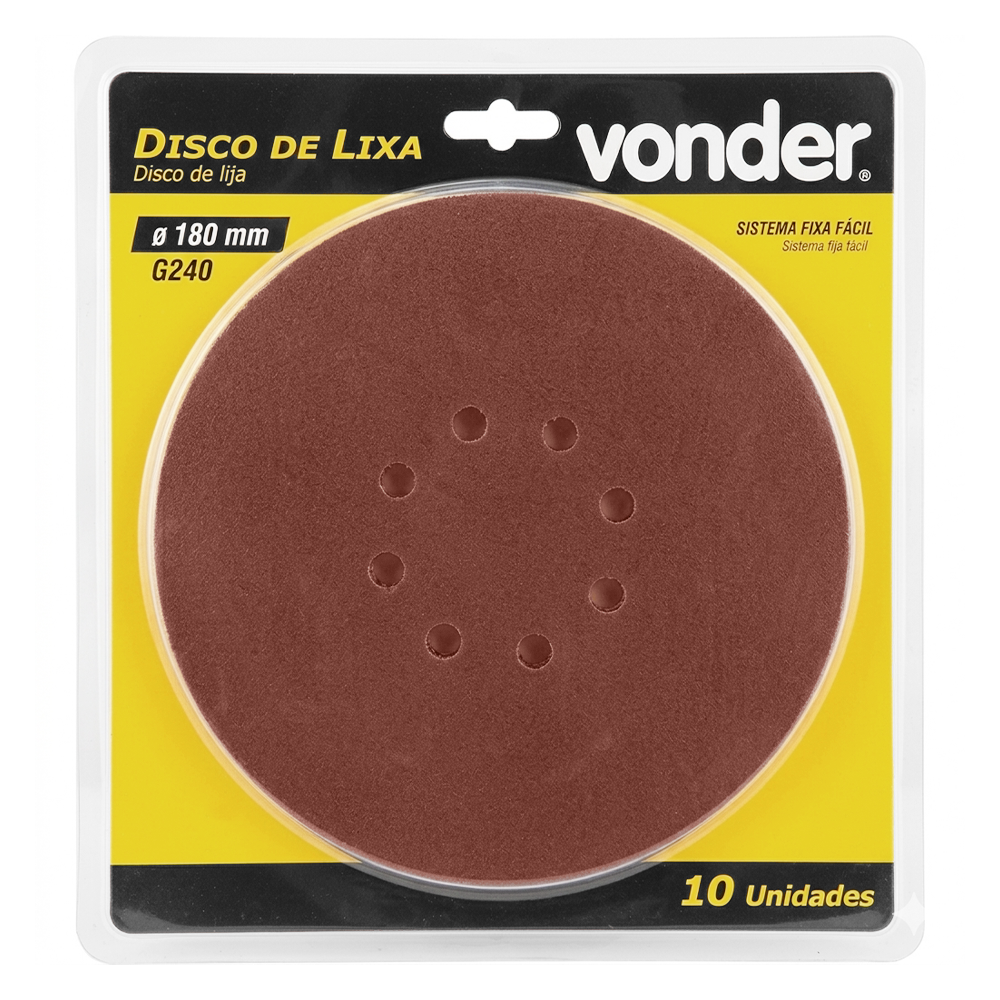 DISCO DE LIXA COM VELCRO 180MM COM 10 UNIDADES GRÃO 240 VONDER 12.58.180.240