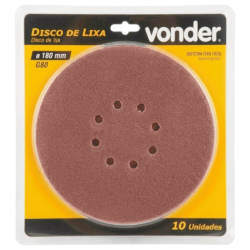 DISCO DE LIXA COM VELCRO 180MM COM 10 UNIDADES GRÃO 80 VONDER 12.58.180.080