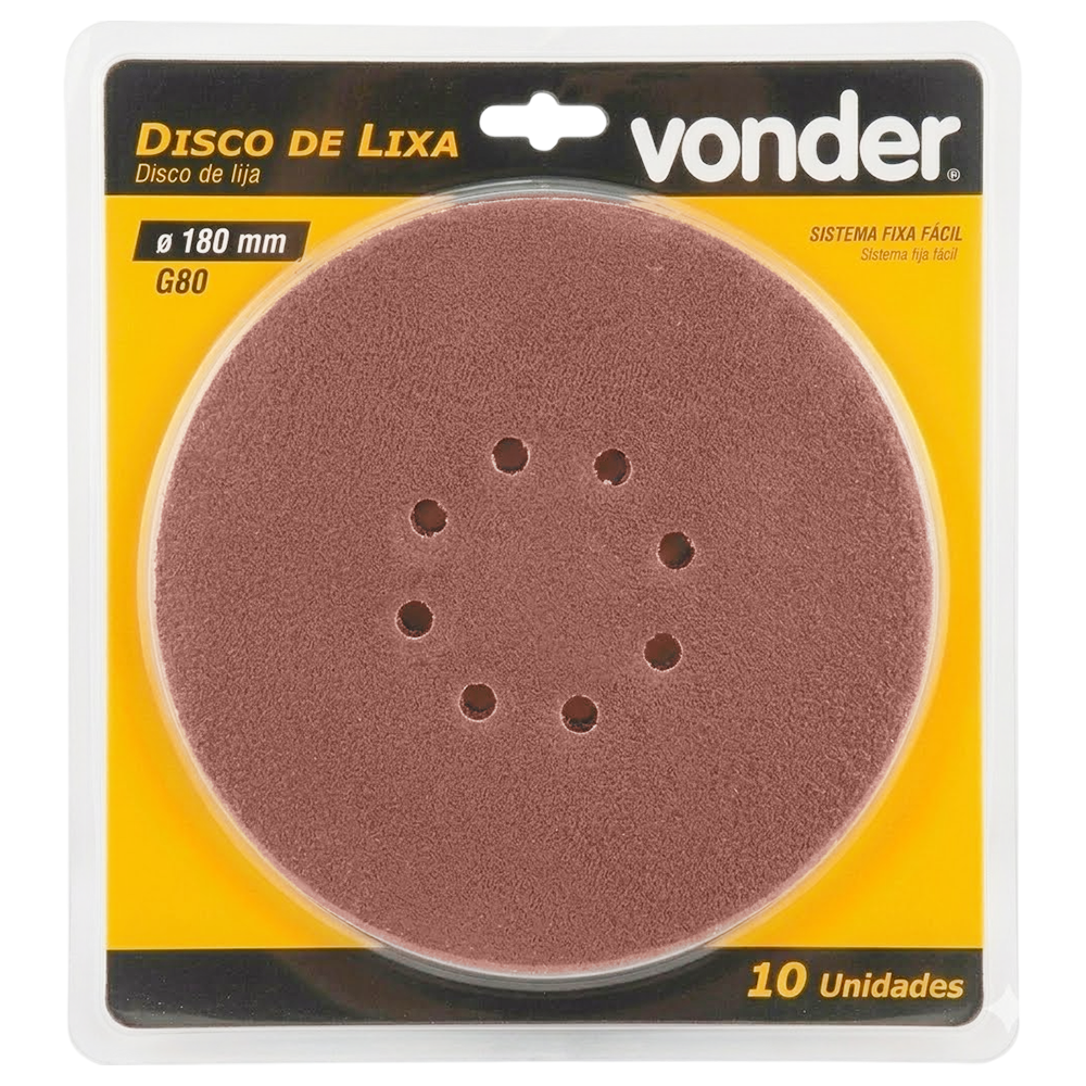 DISCO DE LIXA COM VELCRO 180MM COM 10 UNIDADES GRÃO 80 VONDER 12.58.180.080
