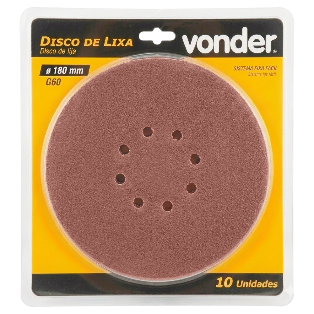 DISCO DE LIXA COM VELCRO 180MM COM 10 UNIDADES GRÃO 60 VONDER 12.58.180.060