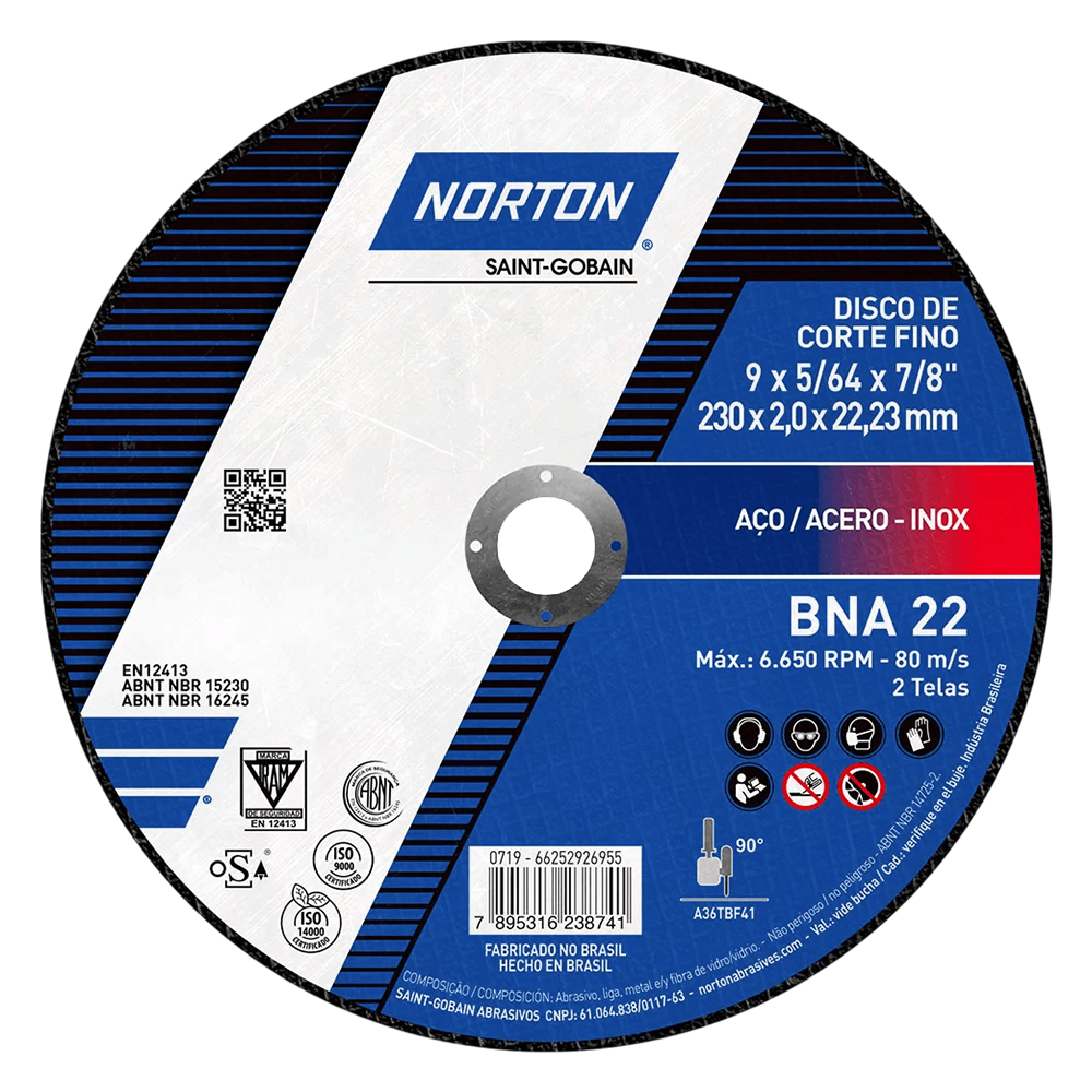 DISCO DE CORTE NORTON 66252926955 230X2.0X22.22 (9X5/64X7/8) BNA22